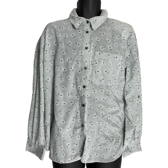 Tapestry Top XL Green White Floral Striped Button Up Long Sleeves Dainty Prairie - Picture 1 of 7